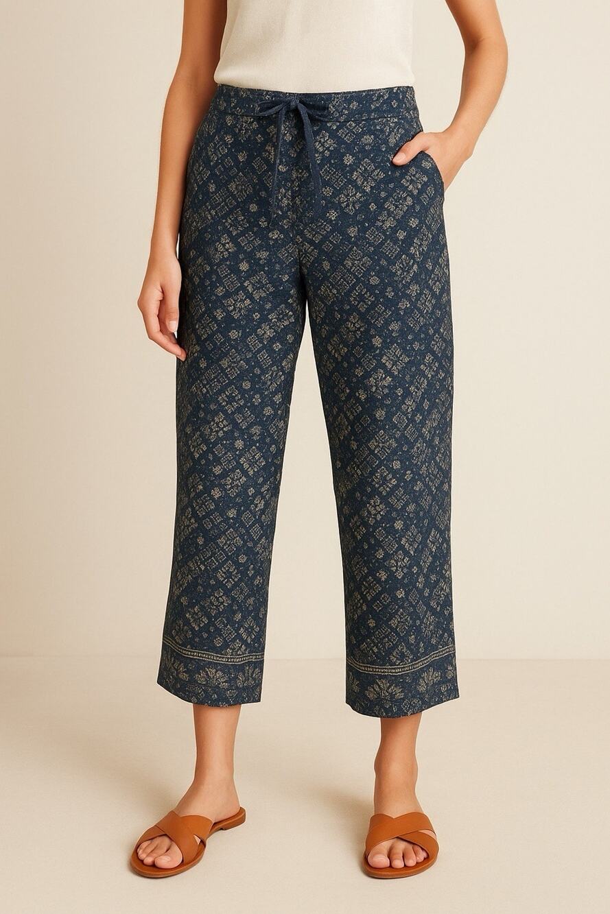 Banana Republic Linen Pants M Blue Floral Boho Print Cropped Drawstring India